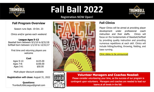 Fall Ball 2022:  Registration now open!